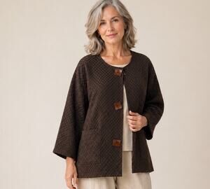 Chicos 3 Boxy Button Up Cardigan Topper Jacket XL Dark Brown 3/4 Sleeve Artsy